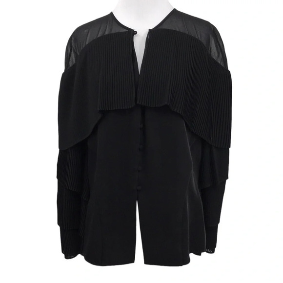 Prabal Gurung Collective Blouse‎ Womens 2 Black Ruffle Ribbed Button Front - Picture 1 of 14
